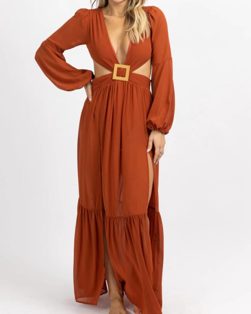Front of a model wearing a size L Square Trim High Slit Maxi Dress In Rust in Rust by LUXXEL. | dia_product_style_image_id:354649